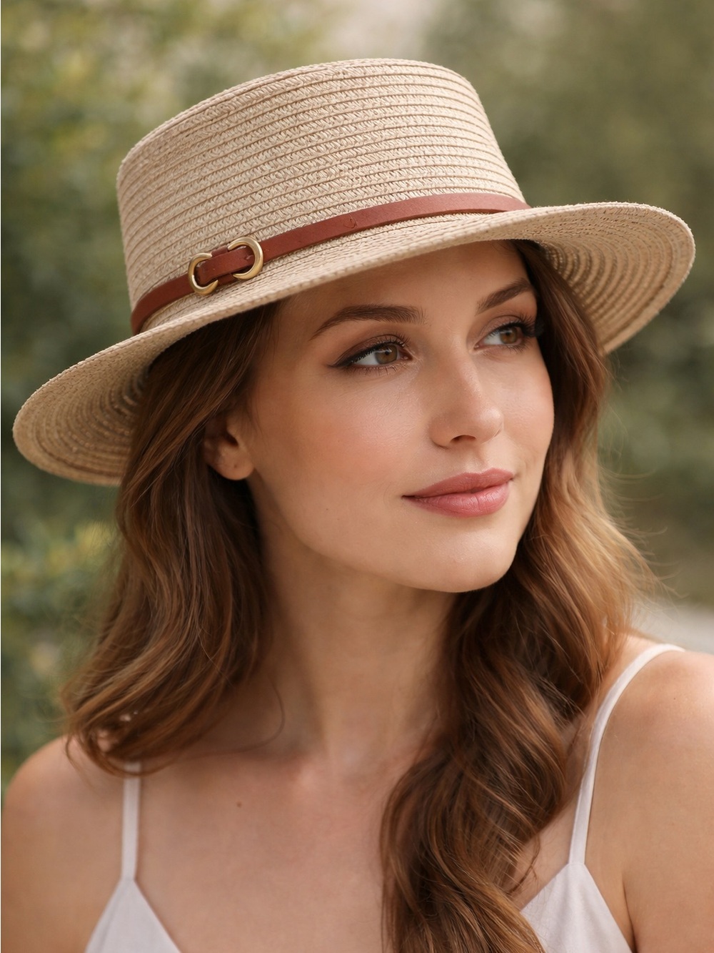 Wide Brim Straw Fedora  Hat with Brown Leather Band -l